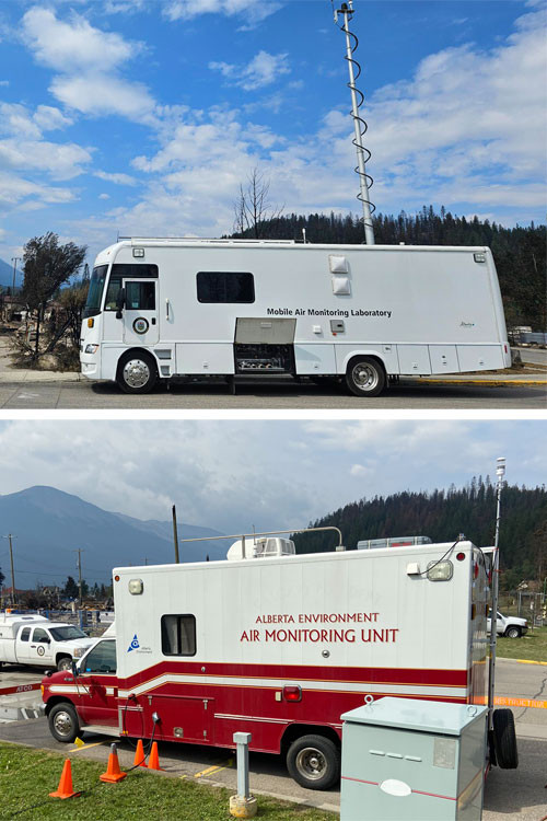 Mobile Air Monitoring Laboratory - a white, 8-metre-long retrofitted RV parked on the side of a street; Southern Alberta Air Monitoring Lab, built on a frame like an red and white ambulance, parked in a lot