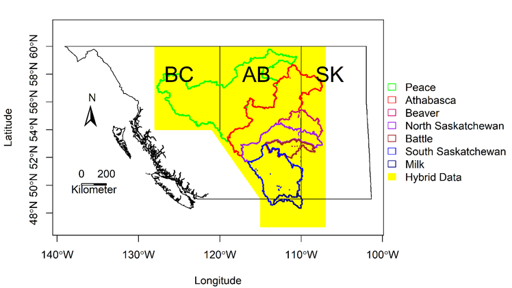 Map: Spatial coverage of the hybrid climate dataset (yellow-colored area) and the 7 major watersheds in Alberta.