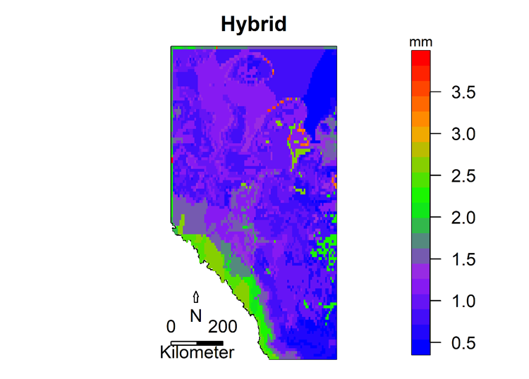Map: Root mean square error (RMSE) in daily precipitation across the province for Alberta’s gridded hybrid climate dataset. Units for RMSE are mm.