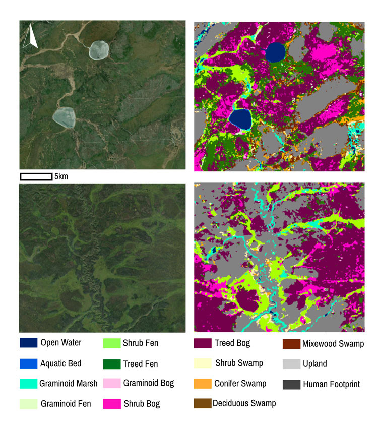 Satellite view: boreal landscape on the left next to wetland map of the same area on the right; colour legend: Open Water, Shrub Fen, Treed Bog, Mixewood Swamp, Aquatic Bed, Treed Fen, Shrub Swamp, Upland, Graminoid March, Graminoid Bog, Conifer Swamp, Human Footprint, Graminoid Fen, Shrub Bog, Deciduous Swamp