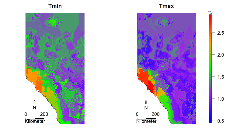 Maps: Root mean square error (RMSE) for daily minimum (Tmin) and maximum (Tmax) temperatures across the province for Alberta’s gridded hybrid climate dataset.
