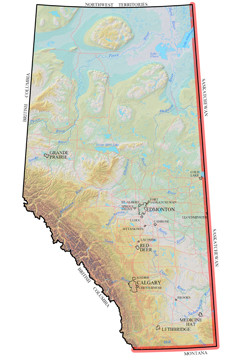 Alberta map showing watercraft inspection border on east and south borders.