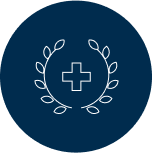 A health cross symbol between two branches.
