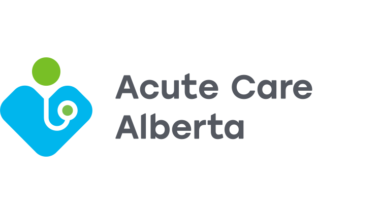 Logo with text "Acute Care Alberta" next to an illustration of a doctor: green dot over a blue heart with a stethoscope