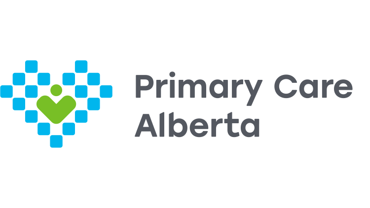 Logo with text: "Primary Care Alberta" next to an illustration of a dotted blue heart around a person with a green circle head and heart-shaped body