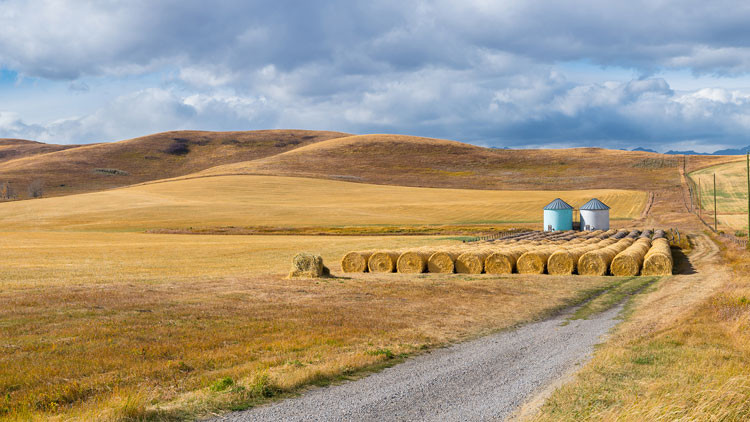 Rural prairie farmer's field and grain silos with hay bales