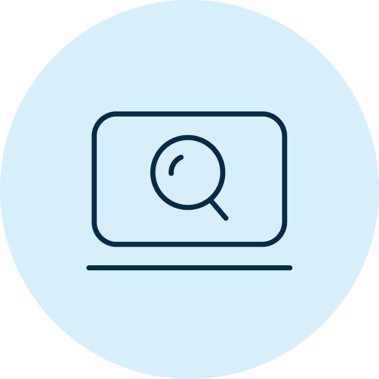 Icon of a computer screen with a magnifying glass on it.