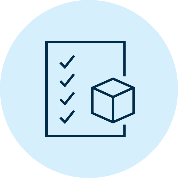 Icon of paper with check marks with a cube beside