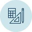Icon of a calculator, pencil and triangle ruler.