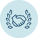 Icon of two hands in a hand shake with designer leaves surrounding them.