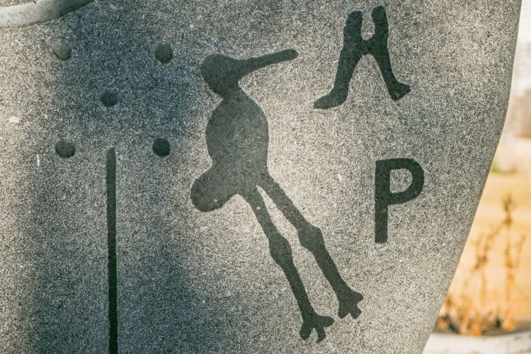 Photo of a petroglyph depicting a crane, along with a P showing the Cree syllabic sound for 'ka'.