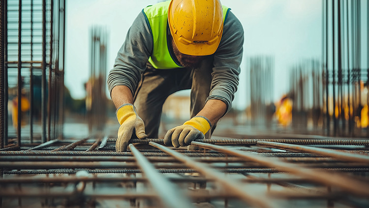 A construction worker wearing a hard hat and safety gear crawling over rebar