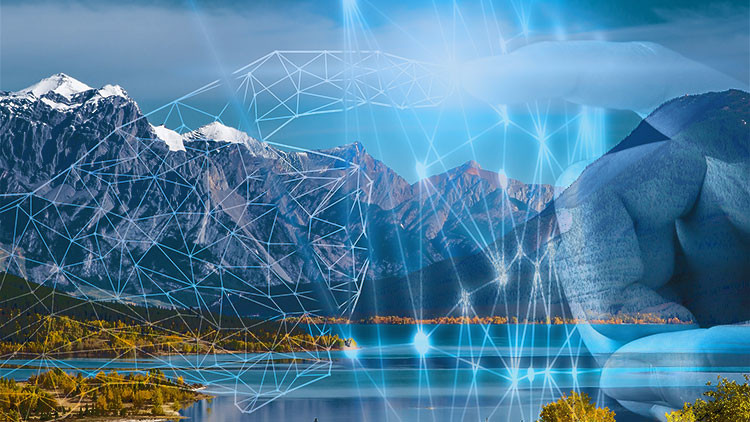 A lake in the foreground with mountains behind, overlaid with two hands made from electricity touching by finger tip.
