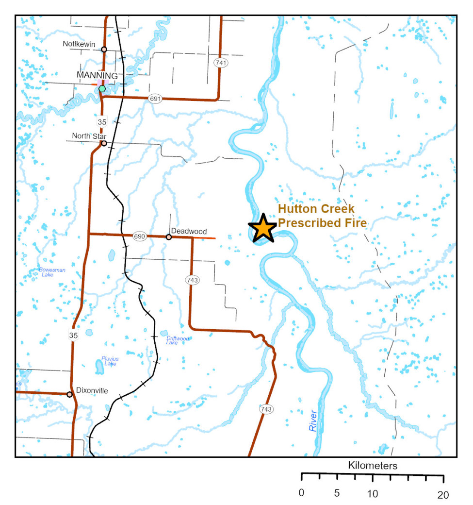 A simple map of the Manning area in northern Alberta. A yellow star indicates the location of the prescribed burn just east of the town of Deadwood