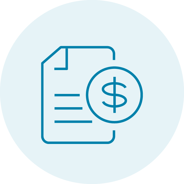 Light blue circle with a darker blue icon of a piece of paper with a coin in front of it