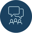 Icon outline of three people with two speech bubbles overhead