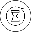 Icon outline of an hourglass with a counter-clockwise arrow in a circle around it