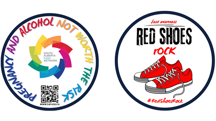 Black circle outline, inside: rainbow coloured words 'Pregnancy and alcohol not worth the risk' and 'South Alberta FASD Network' in the centre with rainbow logo and QR code www.SAFASD.ca; next to black circle outline with text 'fasd awareness - RED SHOES rock', red converse style sneakers with laces untied, text '#REdShoesRock' at the bottom