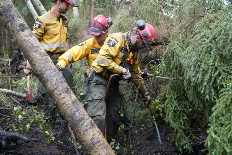 Alberta Wildfire crews soaking hotspots along Highway 686 in the Red Earth East Complex