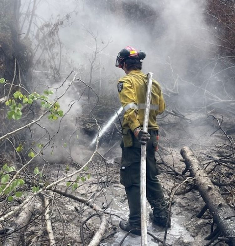Firefighter extinguishing ground fire