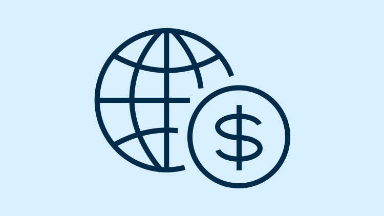 Icon of a globe behind a circle with a money symbol
