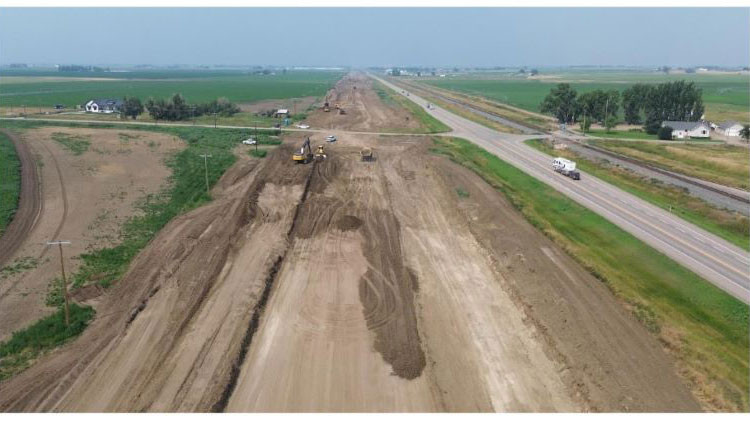Aerial view of construction on highway 3 east, between Taber and Burdett