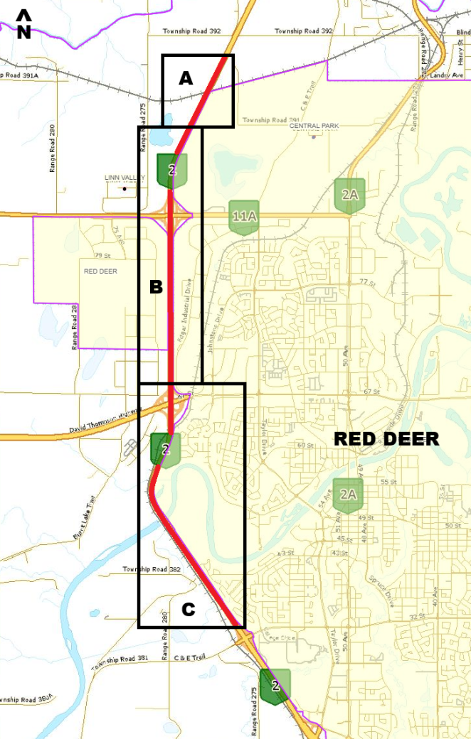 Project map of the Highway 2 improvements in Red Deer.