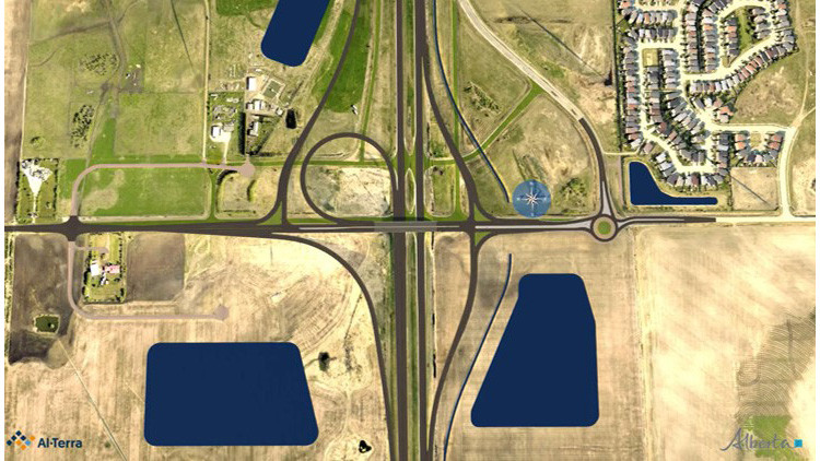 Map of Highway 2 and Cardiff Road (Township Road 554) in Sturgeon County in the North Central region of Alberta. The map illustrates the proposed interchange project to replace the existing intersection structure with an overpass and roundabout to improve traffic safety and uninterrupted traffic flow.