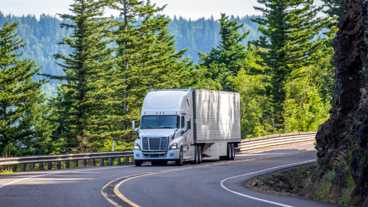 White truck driving a Canadian road surrounded by trees and the mountains.