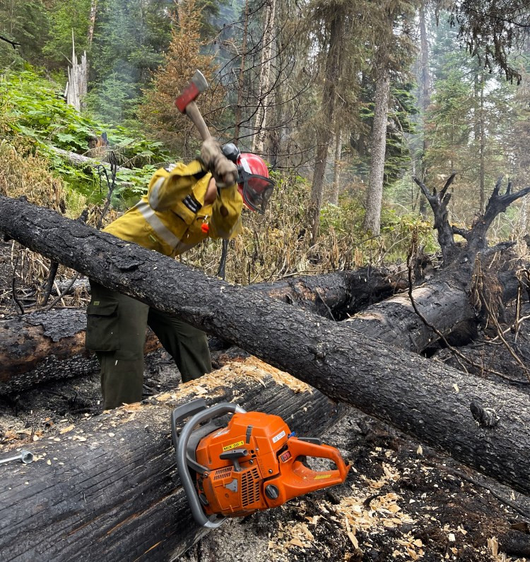 A wildland firefighter in yellow protective gear and a red hard hat swings an axe to break apart a charred tree in a burned forest area. A chainsaw rests on a nearby log, surrounded by wood chips. The forest in the background is a mix of green foliage and fire-damaged trees.