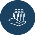 Icon of stylized hand holding three stick figure-like people.