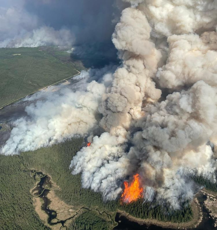 Aerial view of a large wildfire burning in a dense forest, with bright orange flames visible at the fire's base and massive plumes of thick smoke rising high into the sky.