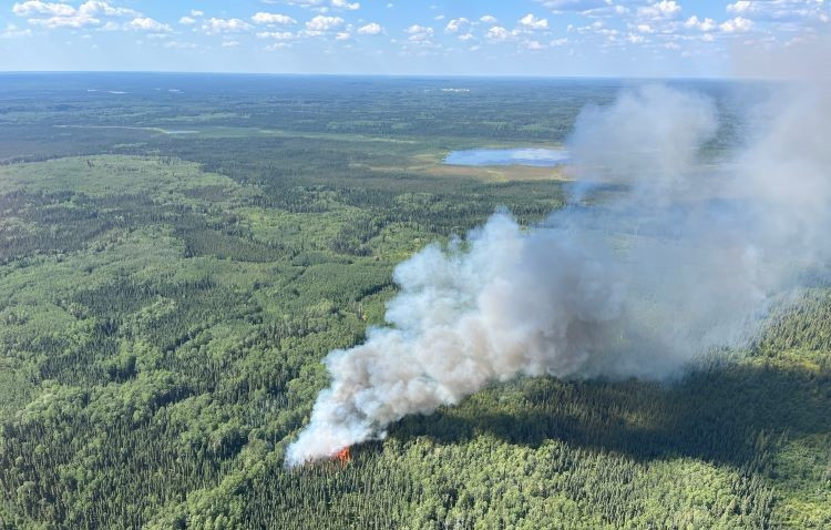 An aerial view of a wildfire burning in a forested area, with thick white and gray smoke rising into the sky. Bright orange flames are visible at the base of the smoke plume. The surrounding landscape is densely forested with patches of open wetlands and a small lake in the distance under a blue sky with scattered clouds.