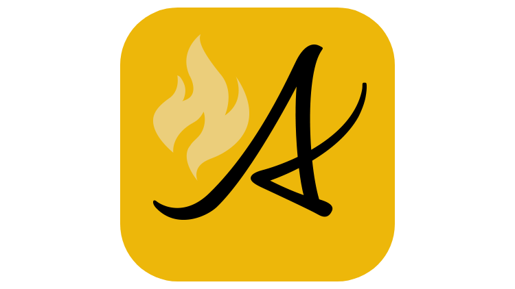 Alberta Wildfire Status App logo: Yellow square with rounded corners, with light yellow flame icon next to the black scripted letter 'A' from the Government of Alberta logo